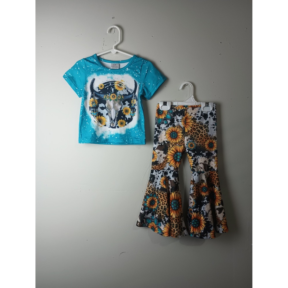 Toddler Girls Western Sunflower Cow Print Bell Bottom Set Turquoise 1-2Y